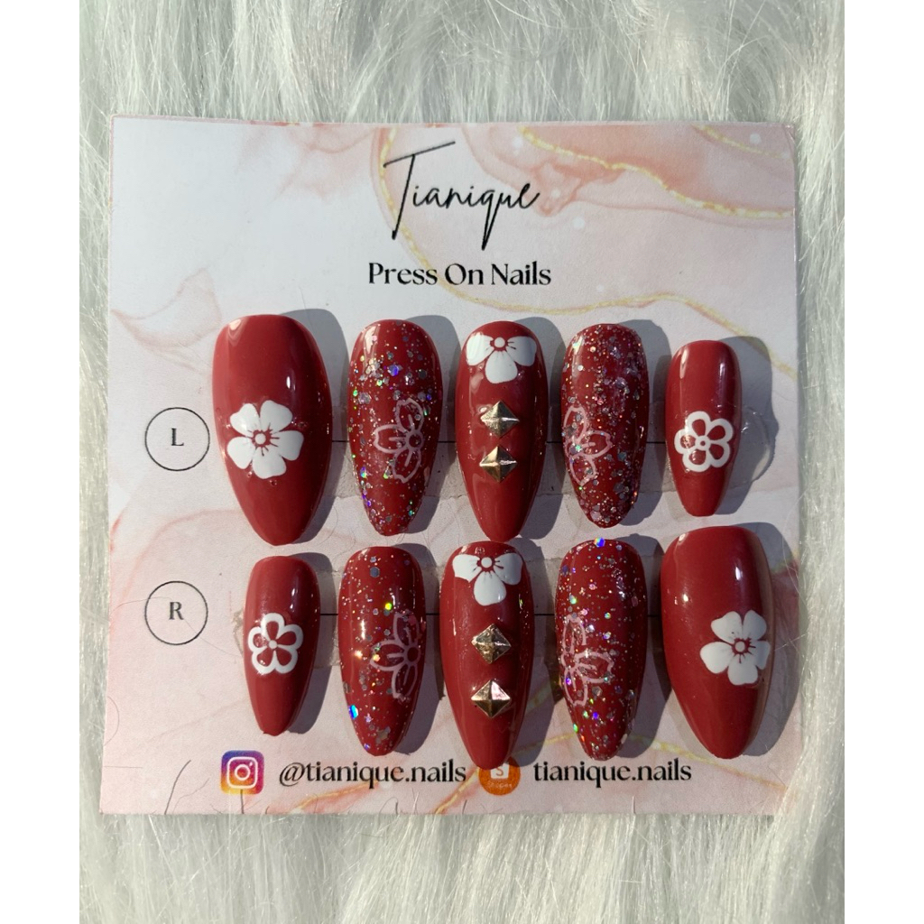 Press On Nails / bisa custom ukuran - murah kualitas premium / Red flower design / Wedding nails / N