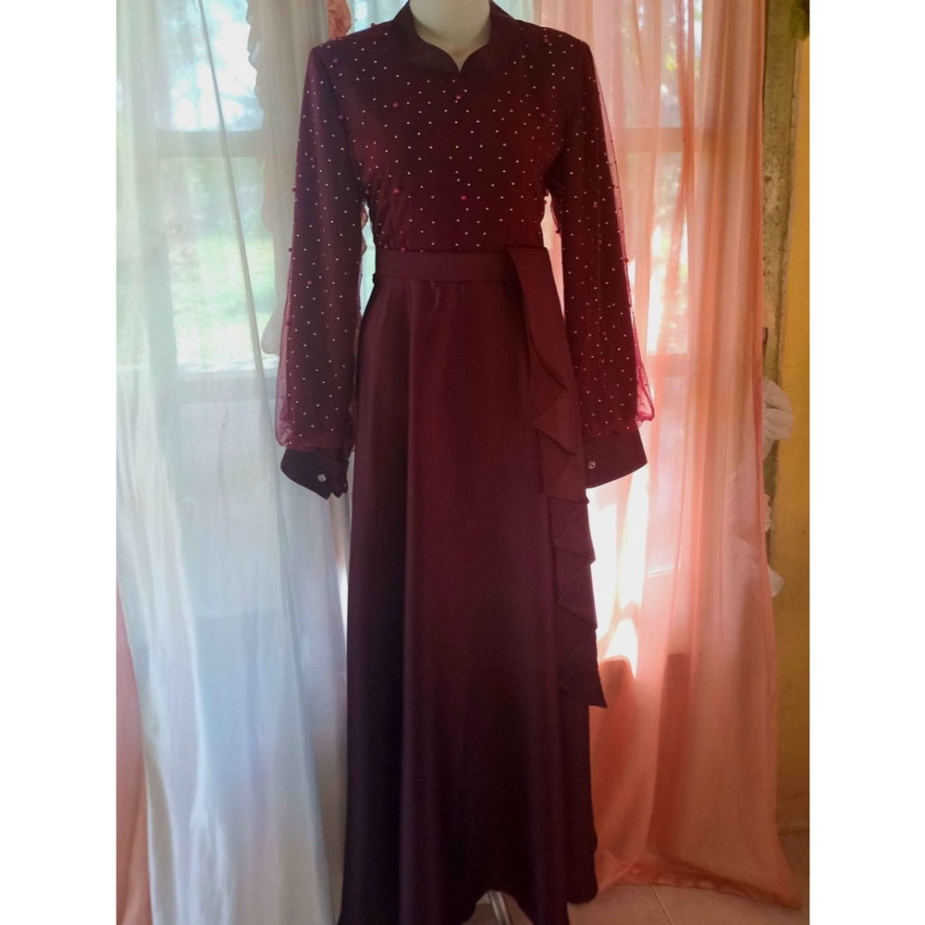 Gamis Wanita Polos Elegan Bordir Mutiara - Model Ruffle Samping | Gamis Kondangan / Gamis Lebaran/ba