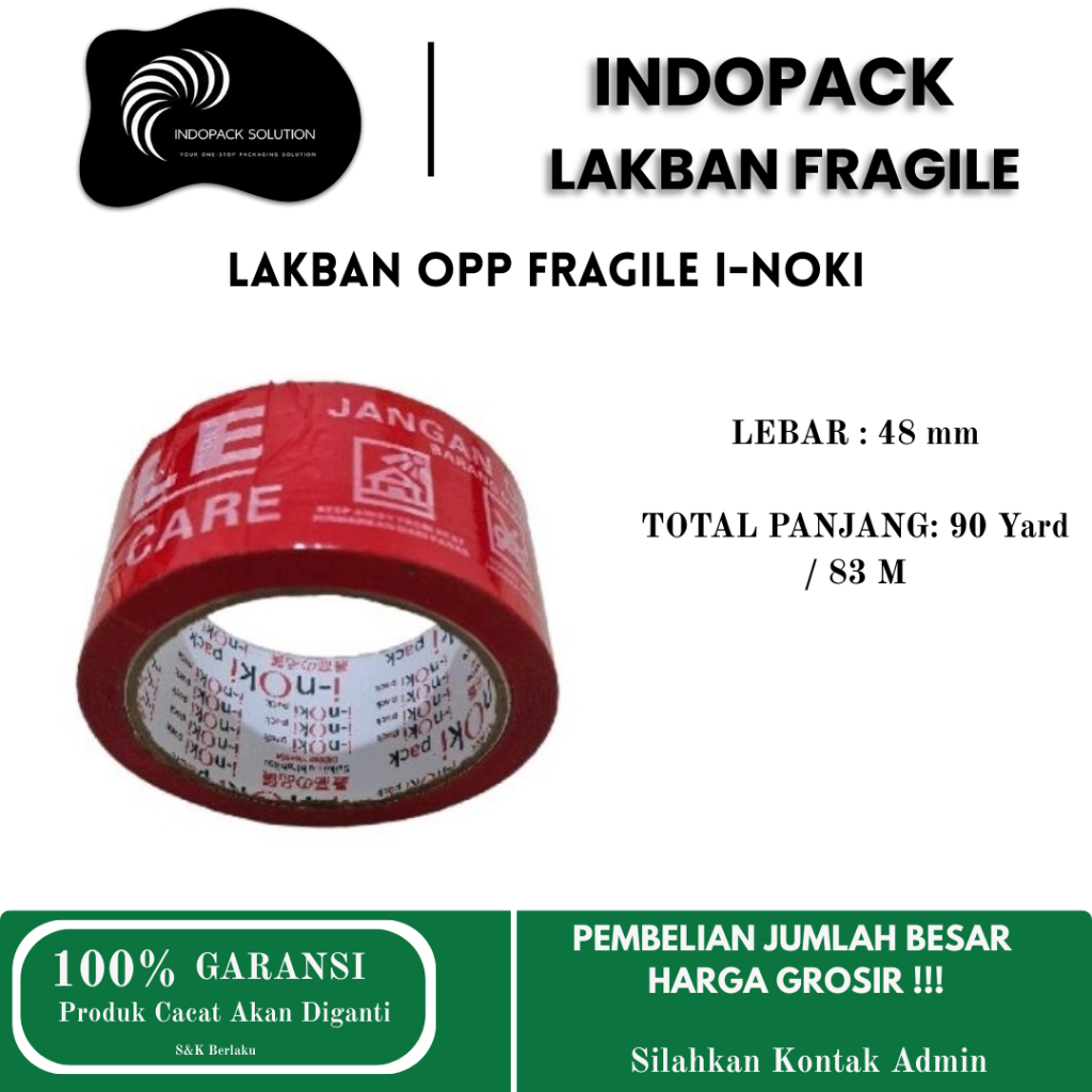 

Lakban Fragile 48mm x 90 Yard i-NOKI Packing Tape Tulisan Merah FRAGILE Garansi 100% Grosir Termurah
