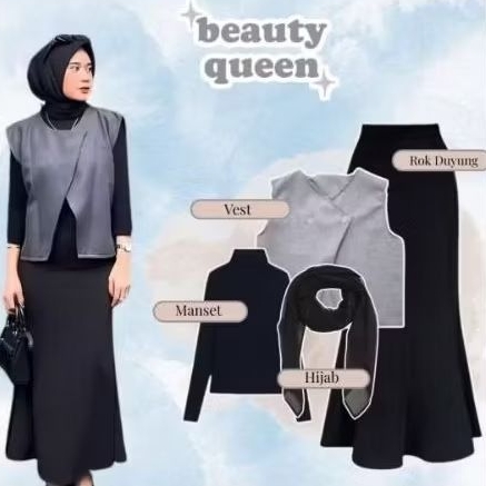 Satu Set Baju Wanita Hangout Kalem (Vest Abu, Rok Duyung, Hijab Bella, Manset Hitam)