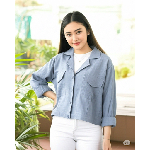 Kemeja Linen Crop Kantong Depan Lengan Panjang / Kemeja Oversize Wanita Lengan Panjang Linen Look Bi