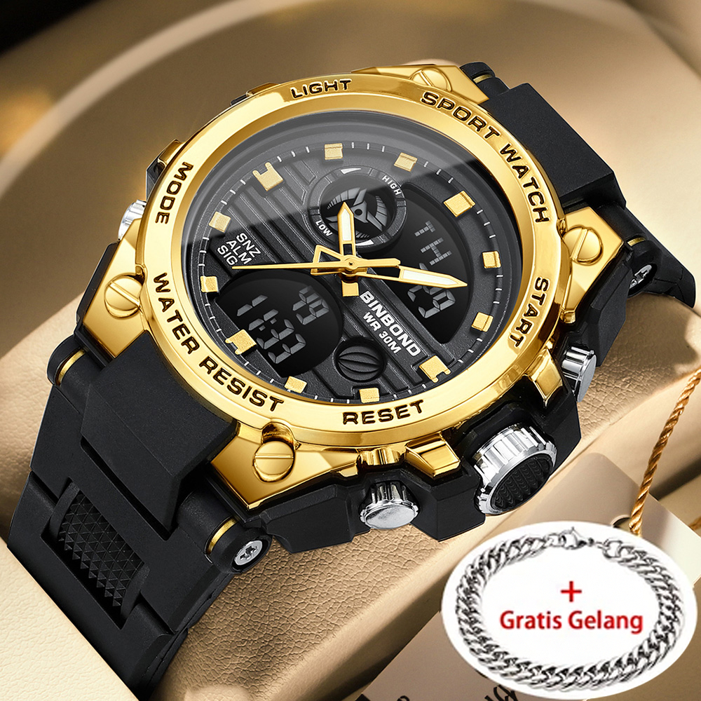 BINBOND Electronic Watches Mens Calendar  Luminous   Business Watch  Gold Silicone  Waterproof Watch