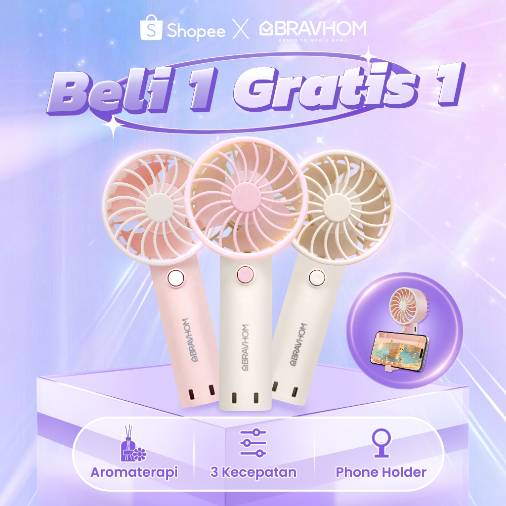 Beli1 Gratis1 BRAVHOM Kipas Angin Mini Portable 2IN1 Aromaterapi 3 Kecepatan Kipas Tangan BL-FN18