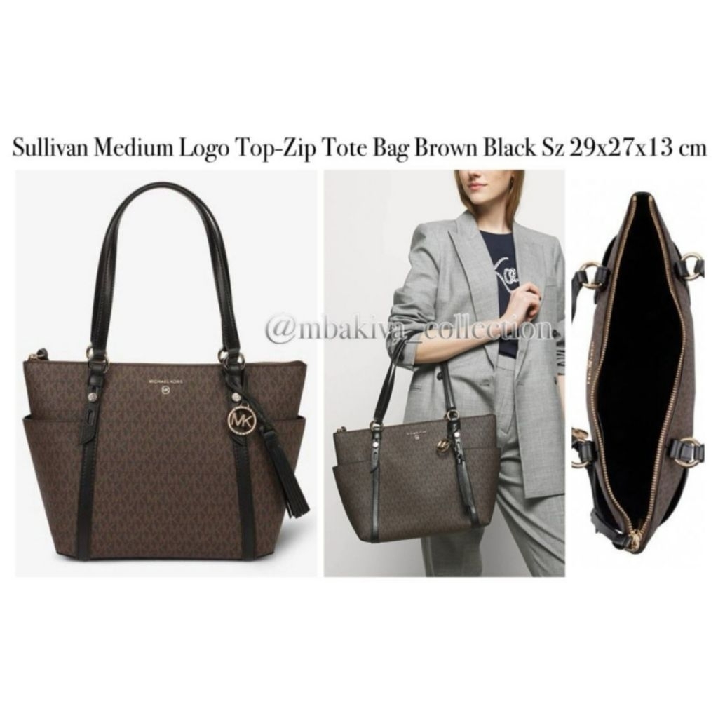 MK Sullivan Medium Logo Top-Zip Tote Bag Brown Black