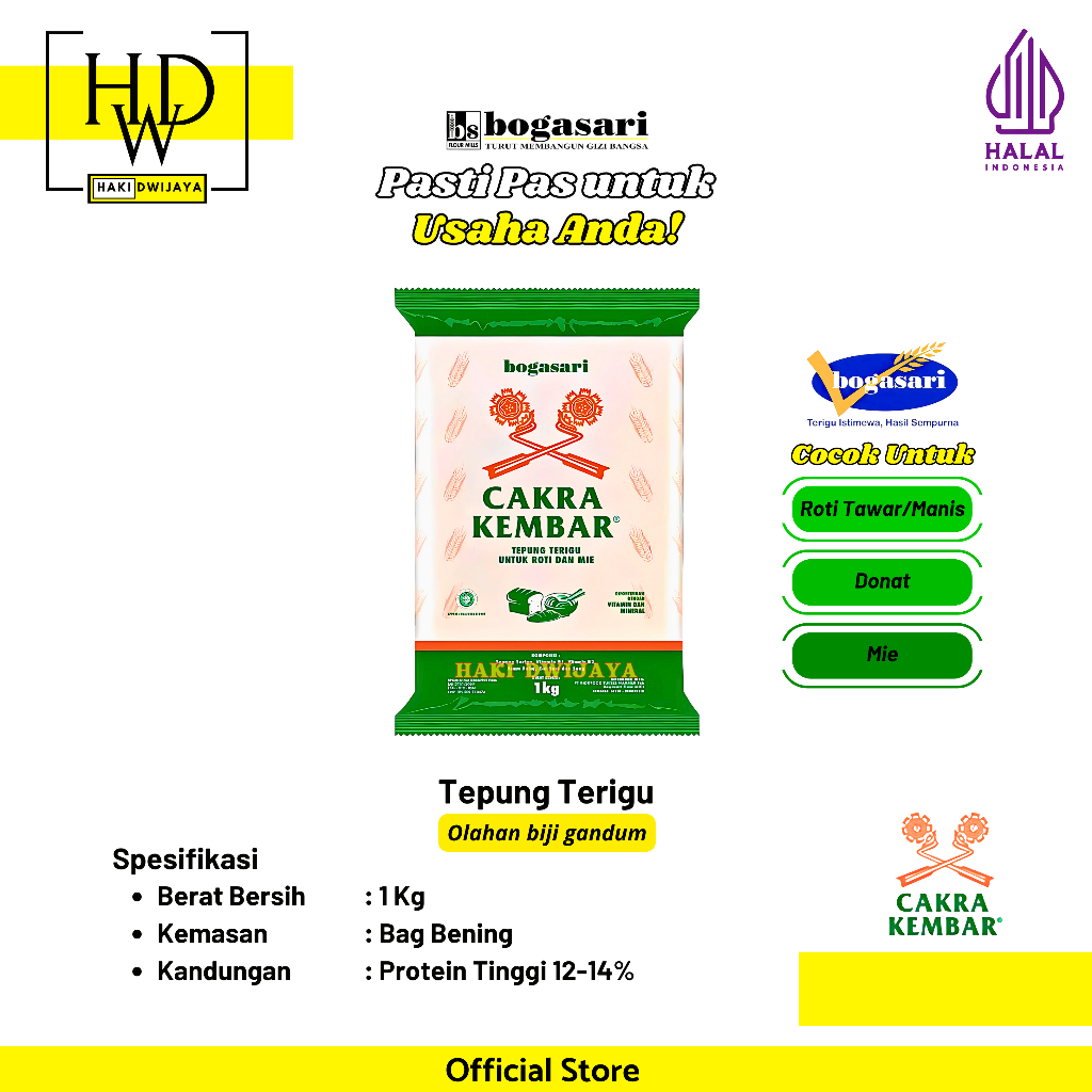 

[1kg] Bogasari Cakra Kembar Tepung Terigu Protein Tinggi Pilihan Tepat untuk Roti, Donat & Mie
