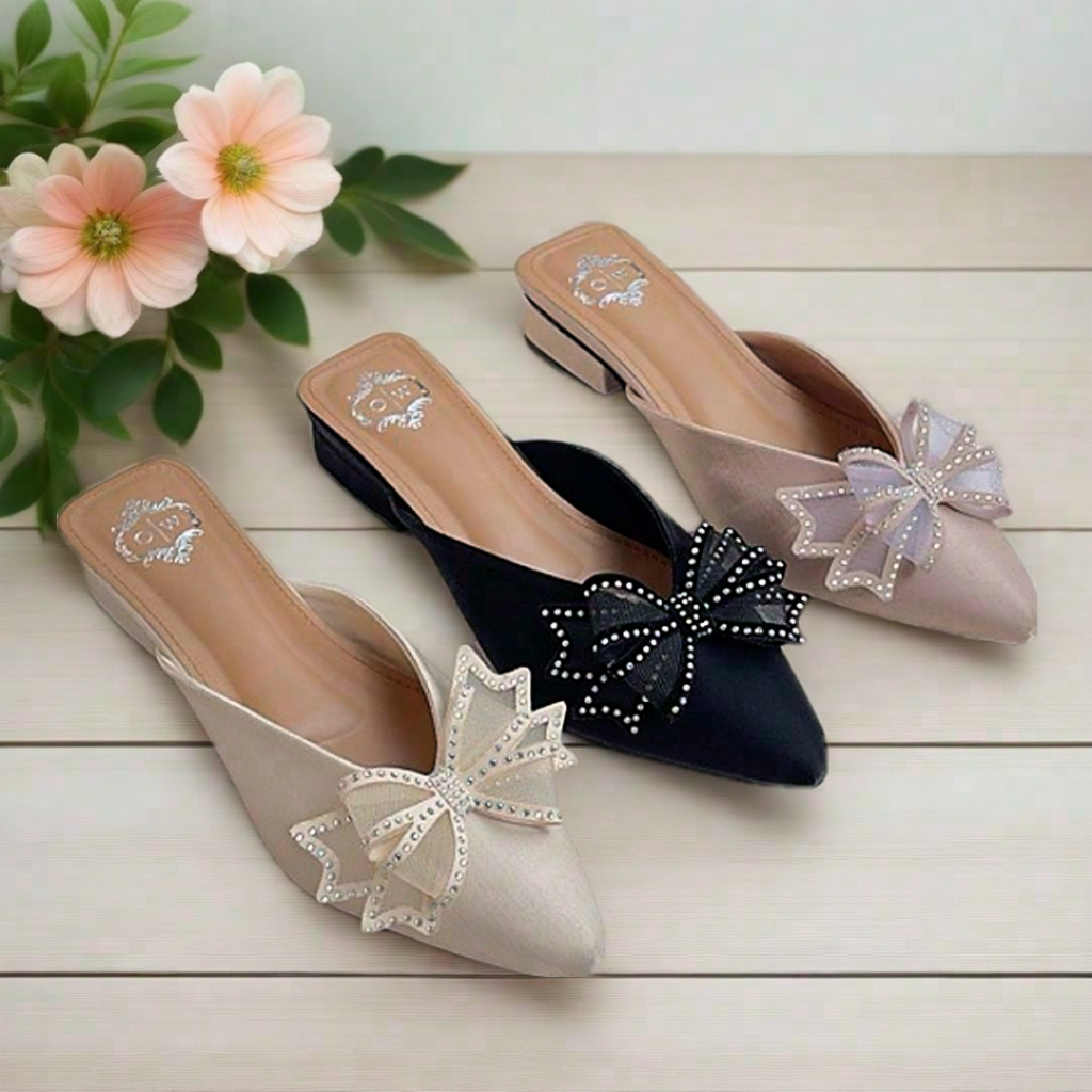 Faduzzi Sandal selop Pesta Wanita Mules NARUSE Tinggi Hak 2 Cm Acecories Pita