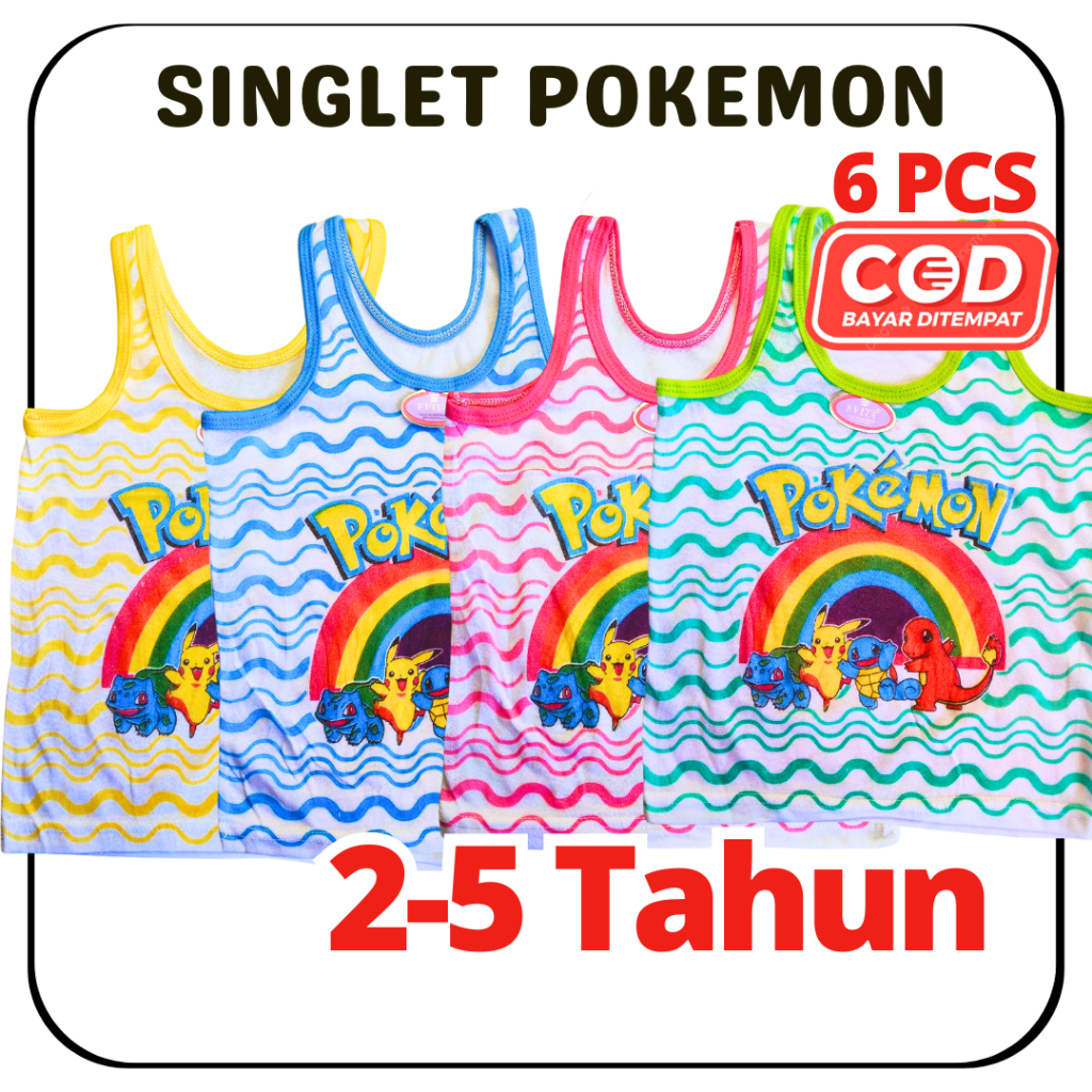 6PCS - Kaos dalam Sablon Anak | Singlet Karakter anak Lucu | Kaus Kutang Pokemon