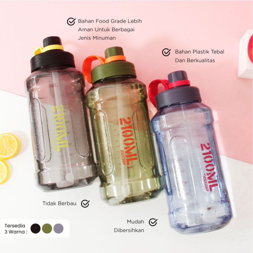Wadah Minum Sporty dengan Tutup Sedotan Tumblr 2,1 Liter BPA Free