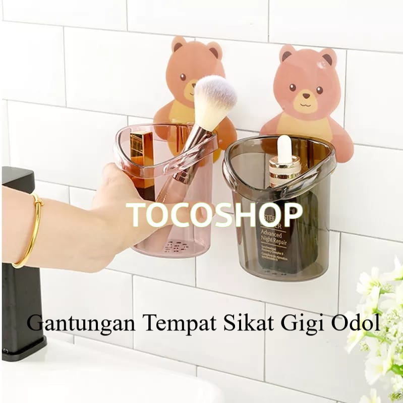 TOCOSHOP Gantungan Tempat Sikat Gigi Odol Gambar Beruang Tempel Dinding / Rak Kamar Mandi Tempel Din