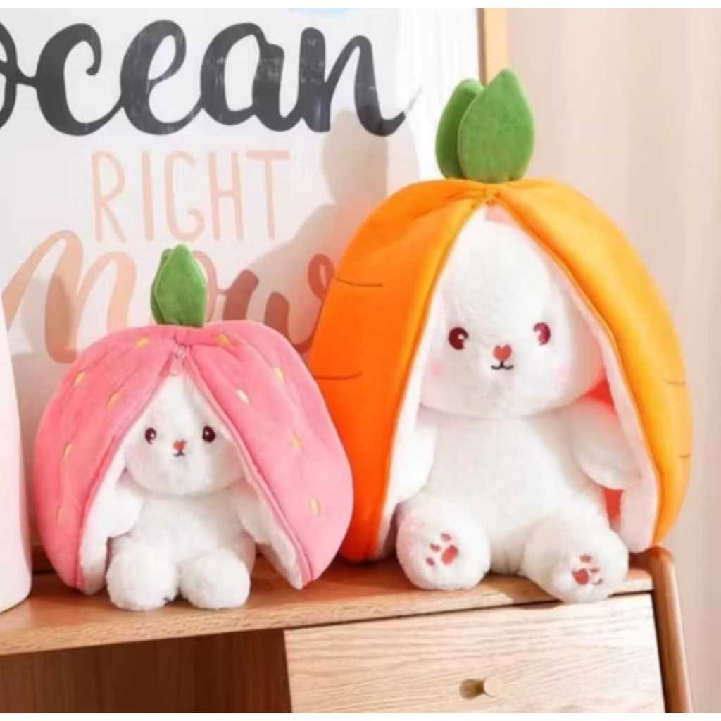 Boneka Kelinci Hoodie Buah Stroberi & Wortel Lucu 2 In 1 – Bisa Flip Mainan Anak Lucu