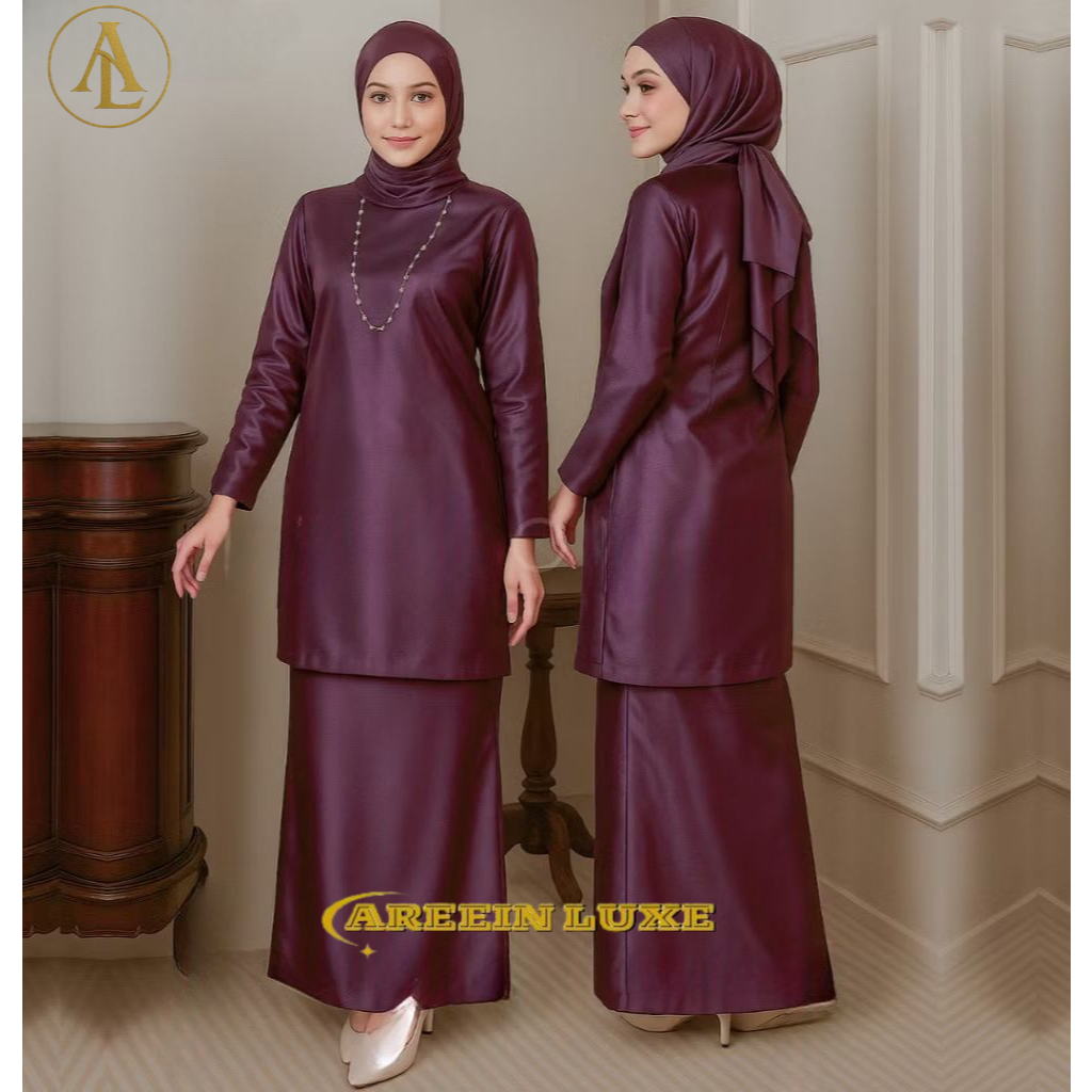 Nabita Setelan Baju Kurung Wanita Modern Bahan Satin Polos OneSet Tunik Pakaian Melayu Kebaya Muslim