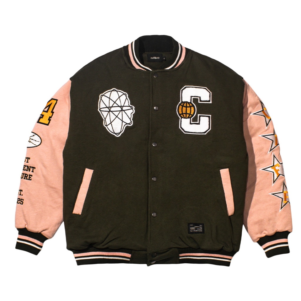 Cuffrise  - Think's Worldwide Olive Peach Varsity Jacket | Jaket Varsity Unisex Pria Wanita | Oversi