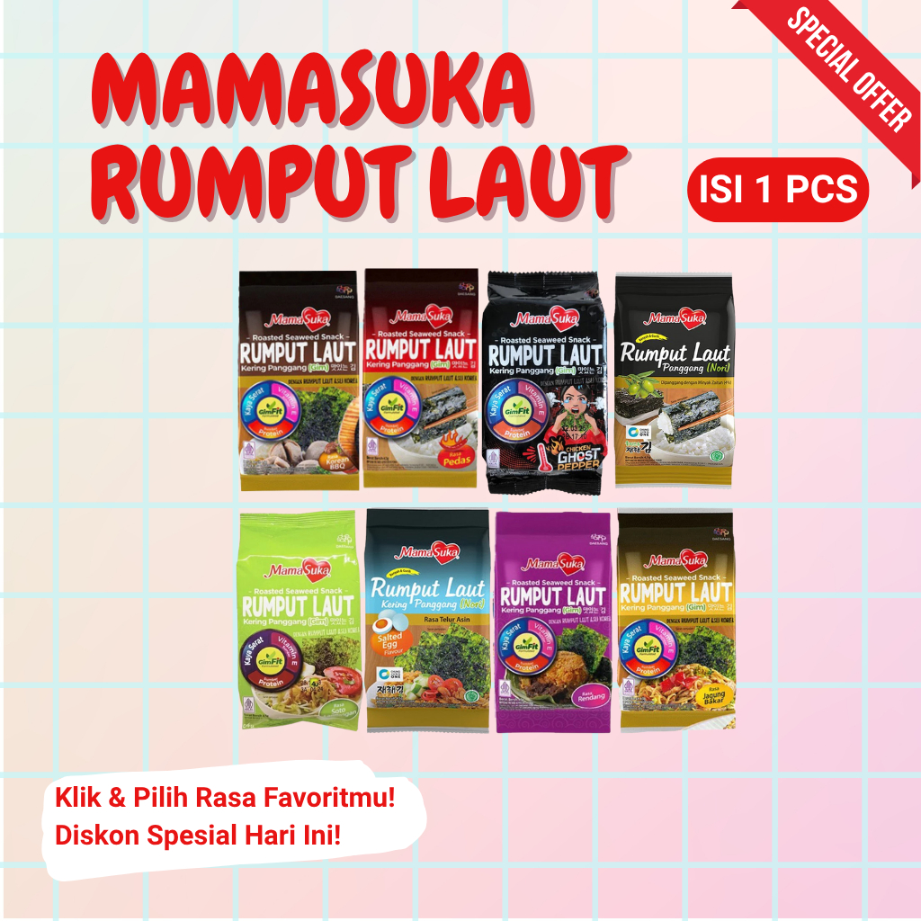 

Rumput Laut Mamasuka 1 PCS Semua Varian Rasa – Original, Spicy, BBQ, Telur Asin, Jagung Bakar, Rendang, Soto, Ghost Pepper