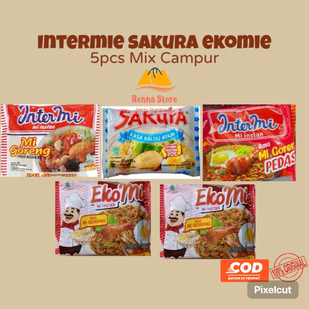 

JATIM 5pcs INTERMIE EKOMIE Goreng Pedas SAKURA Kuah Kaldu Ayam 60gr Food Noodles