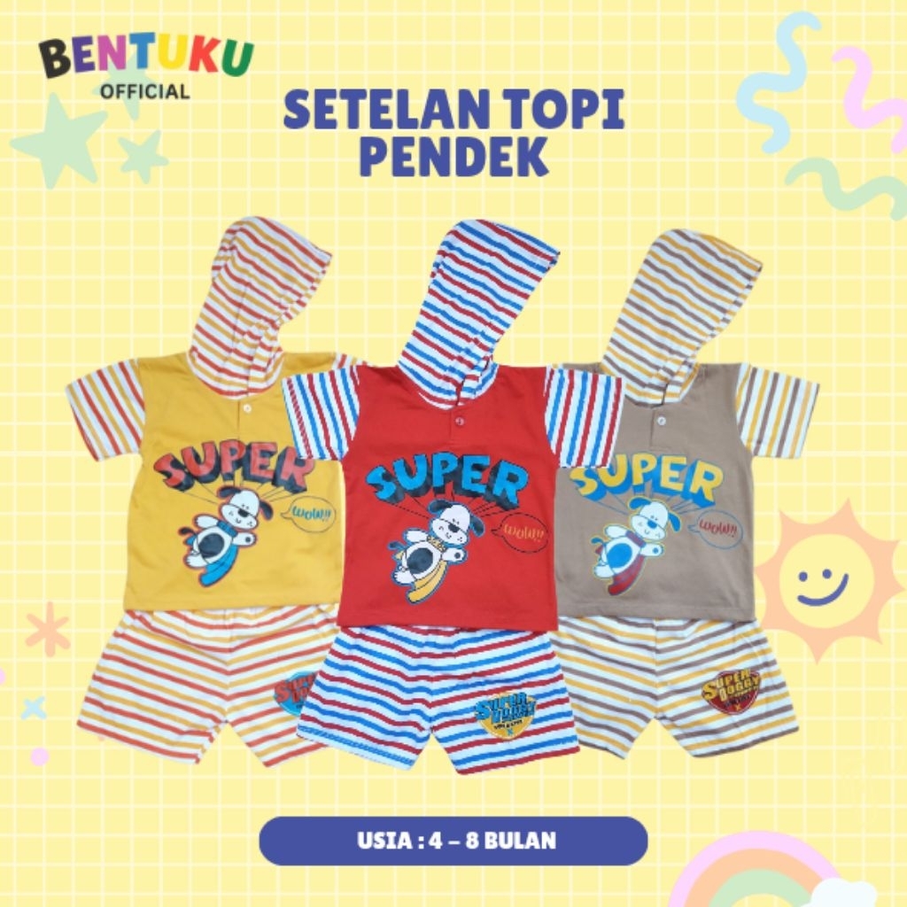 BAJU SETELAN ATAS BAWAH TOPI BAYI BABY ANAK 4-8 BULAN BAHAN KATUN ADEM | MOTIF SUPER DOGGY