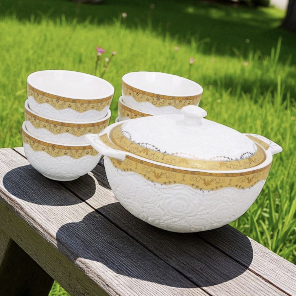 Soup Tureen VICENZA, Wadah Sup Rosette S90 motif Padi, wadah saji Vicenza dilengkapi 7 mangkok saji 