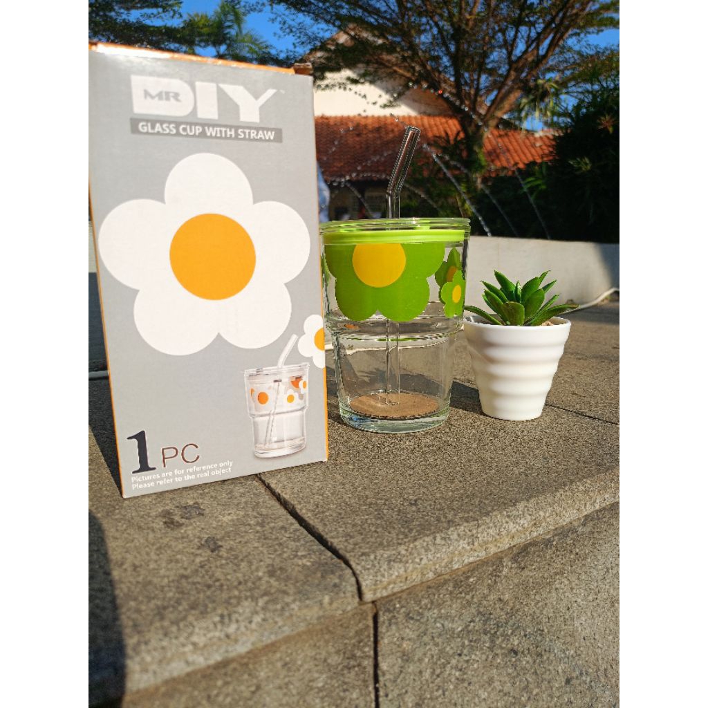 Gelas_Kaca-MotifBunga+Sedotan(GlassCupwithStraw)Mr.DIY