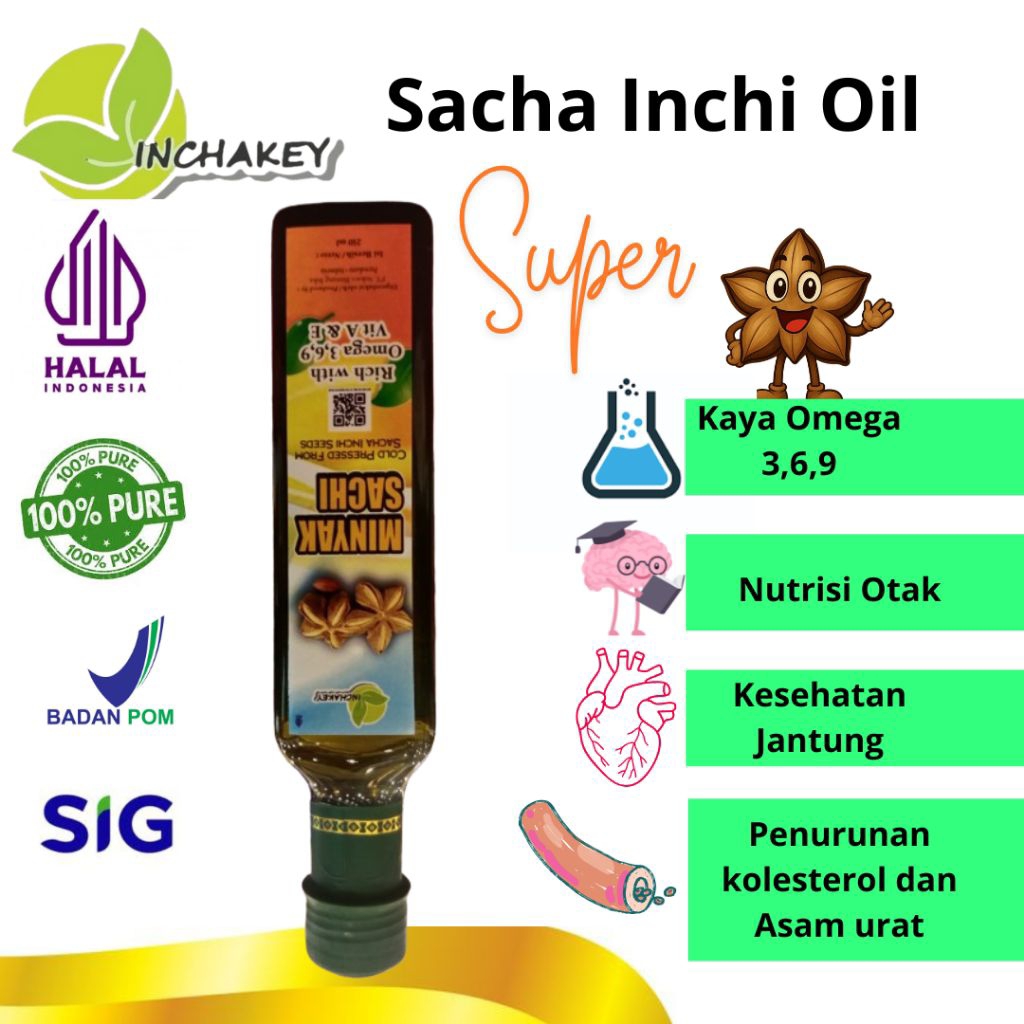 

INCHAKEY Minyak Sacha Inchi Super Food Murni Ekstrak Kacang Sacha Inchi Botol Kaca warna Gelap 100ml & w250ml
