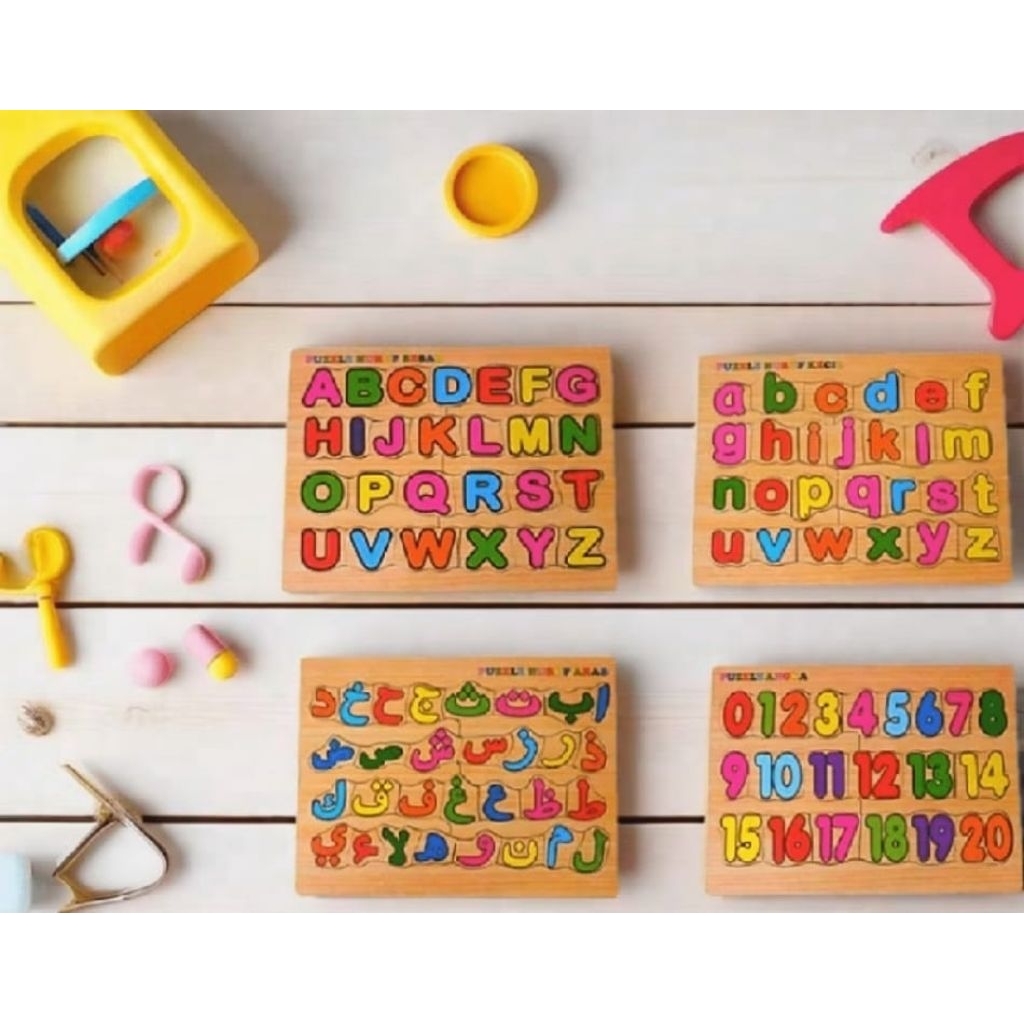 4 Paket Puzzle Kayu Bongkar Pasang Edukasi Anak Angka Huruf Besar Kecil Huruf Hijaiyah
