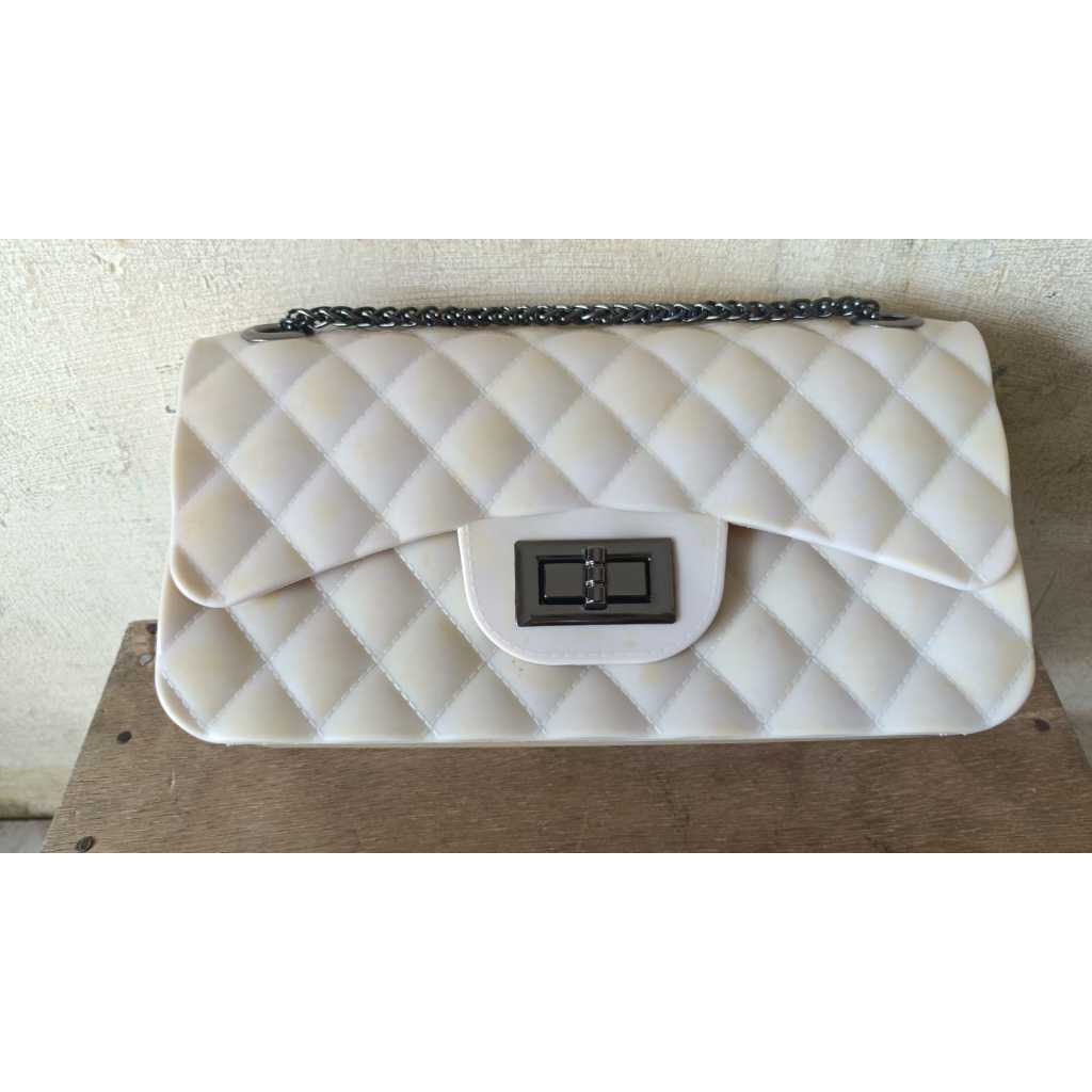 PPT001 Tas Slingbag Jelly Glossy Kecil Rantai Fashion CREAM BESAR
