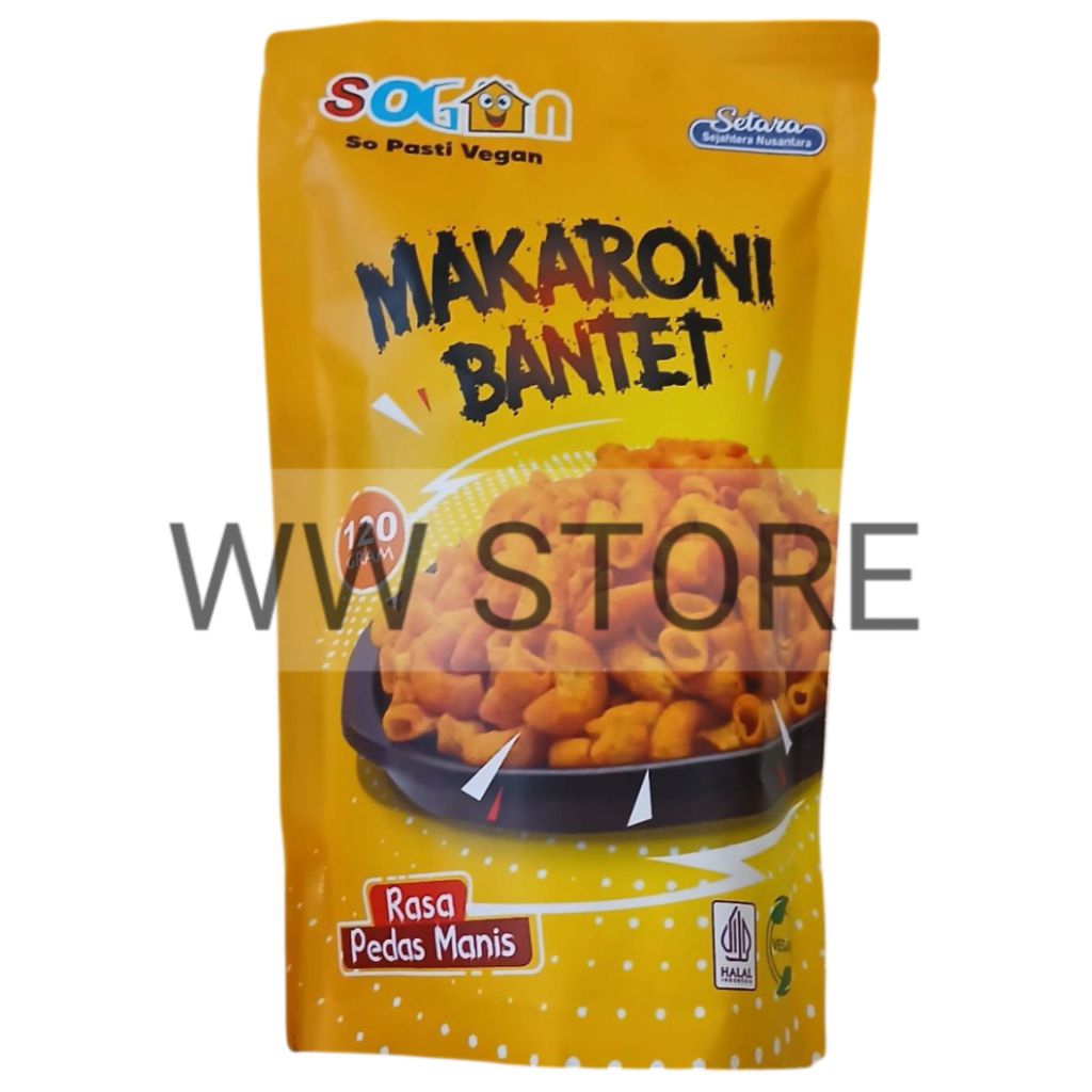 

Cemilan snek makanan ringan halal MUI SOGAN So Pasti Vegan Snack MAKARONI BANTET Rasa Pedas Manis 120g