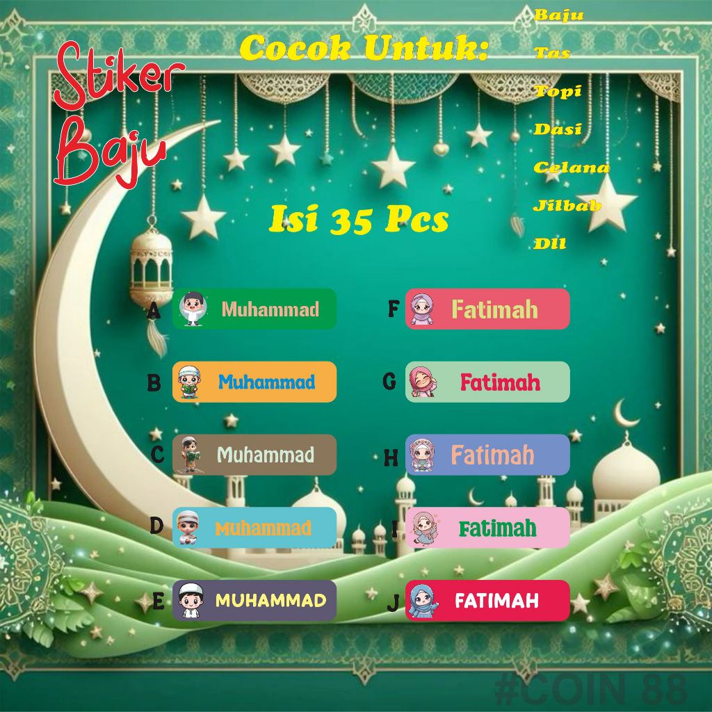 

Stiker Nama Lebaran Idul Fitri/Label Nama Setrika Anak-anak Bahan Dtf Waterproof Isi 35Pcs Bisa Custom