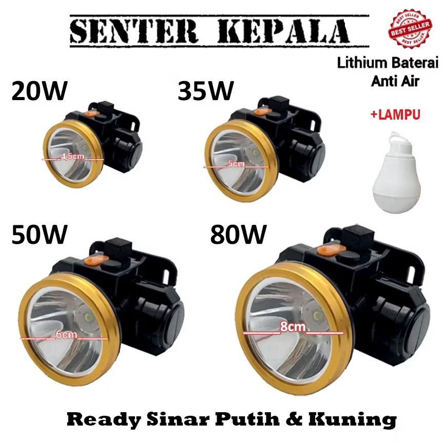 Senter Lampu Kepala Head Lamp Nyala Putih Kuning 35Watt/ 50watt/ 80Watt/ 150Watt