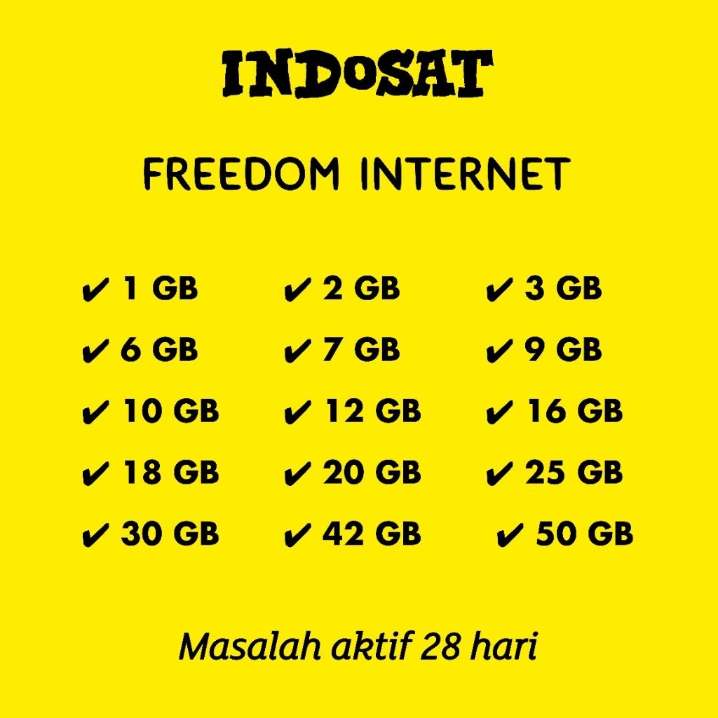 INDOSAT PAKET DATA FREEDOM INTERNET 1 GB 2 GB 3 GB 4 GB 5 GB 7 GB 9 GB 10 GB 12 GB 16 GB 18 GB 20 GB