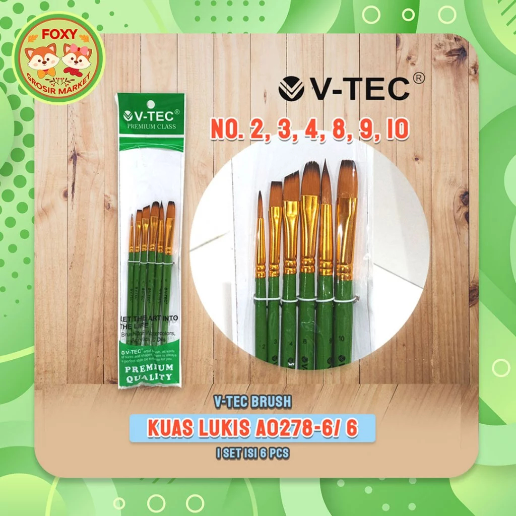 

Kuas V-TEC tipe A0278-6/ 6 SET / Kuas Lukis VTEC / Brush for Watercolor Acrylic, Oil / 6 Ukuran V Tec No. 2 No. 3 No. 4 No. 8 No. 9 No. 10 2