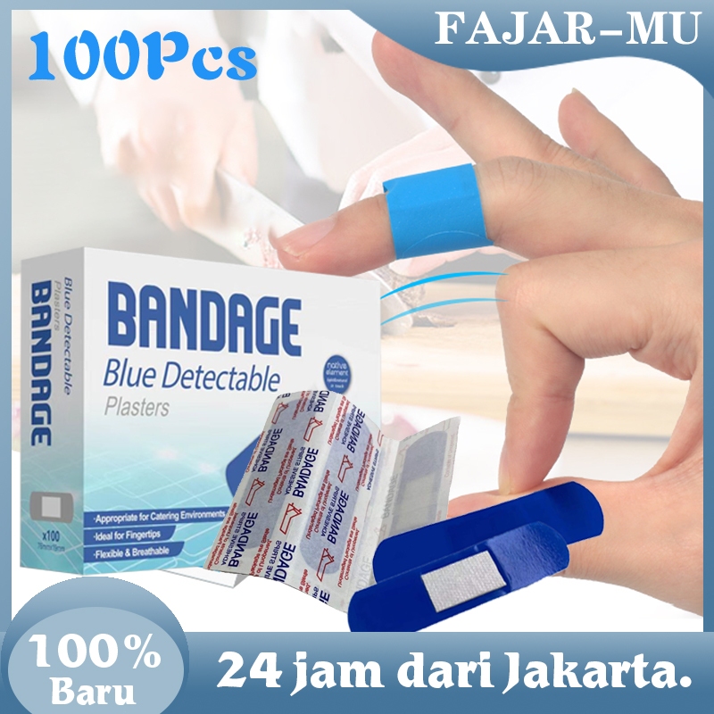 100 Pcs/Set Perban Anti Air Luka Jahitan Band Aid Band Pe Biru  Perban Terdeteksi Logam