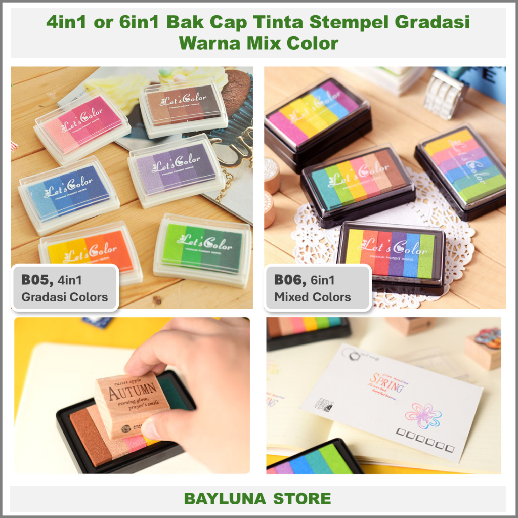 

BYL Bak Cap Tinta Inkpad Stempel 4in1 Gradasi Color or 6in1 Mixed Colors, Bantalan Stempel Tinta Warna Warni