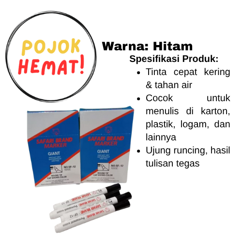 

Spidol Permanent Safari Eceran – Tinta Kuat dan Cepat Kering Cocok untuk Plastik, Kertas, Kardus, Kaca, dan Permukaan Lainnya