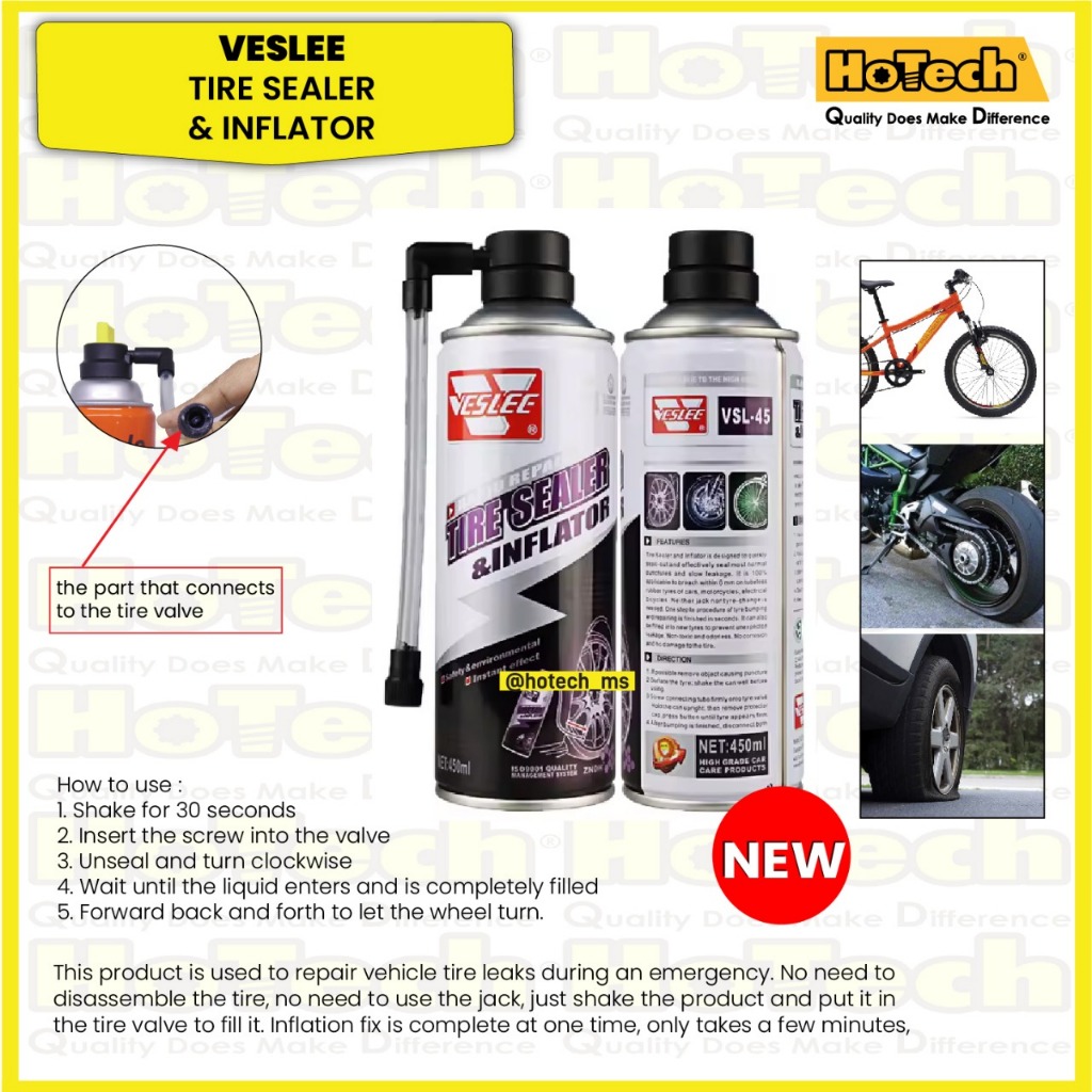 VESLEE Tire Sealer & Inflator 450ml | Cairan Tambal Ban Tubeless Bocor untuk Sepeda Motor Mobil Velg