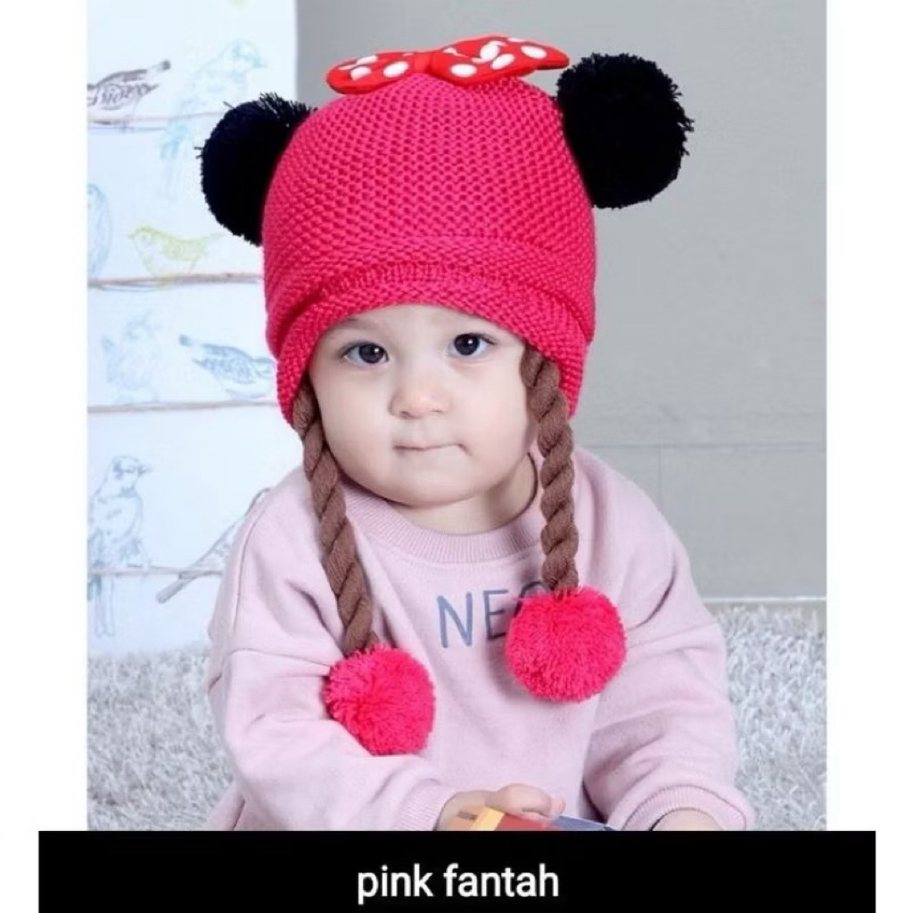 Topi Rajut kepang anak model Mickey Mikey pita