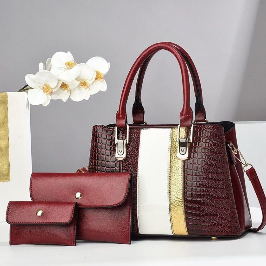 JTF9001-wine Tas Handbag Selempang 3in1 Wanita Cantik Import