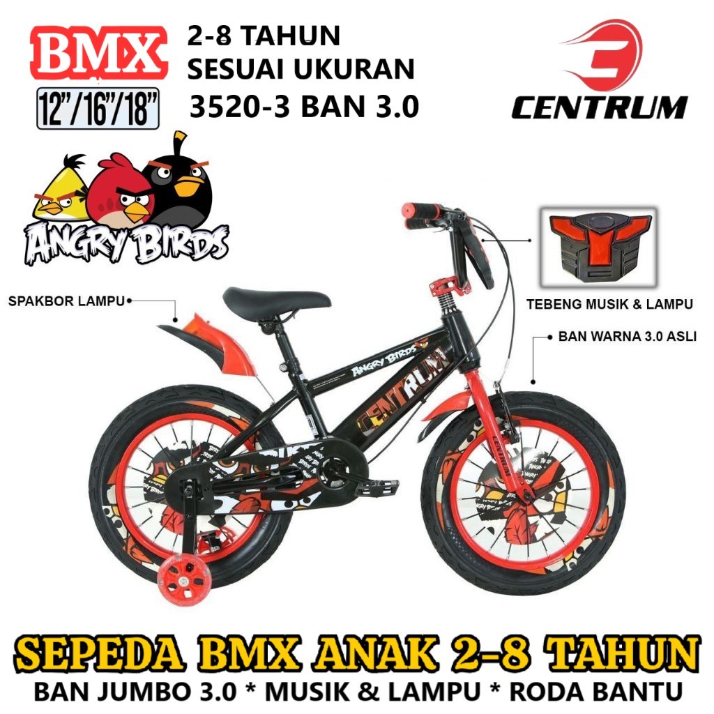 Sepeda BMX Anak Centrum CT3520-3 4ngry 8irds 12"  16"  18"  Ban Jumbo 3.0 2-8 Tahun Hi-Ten Steel Rod