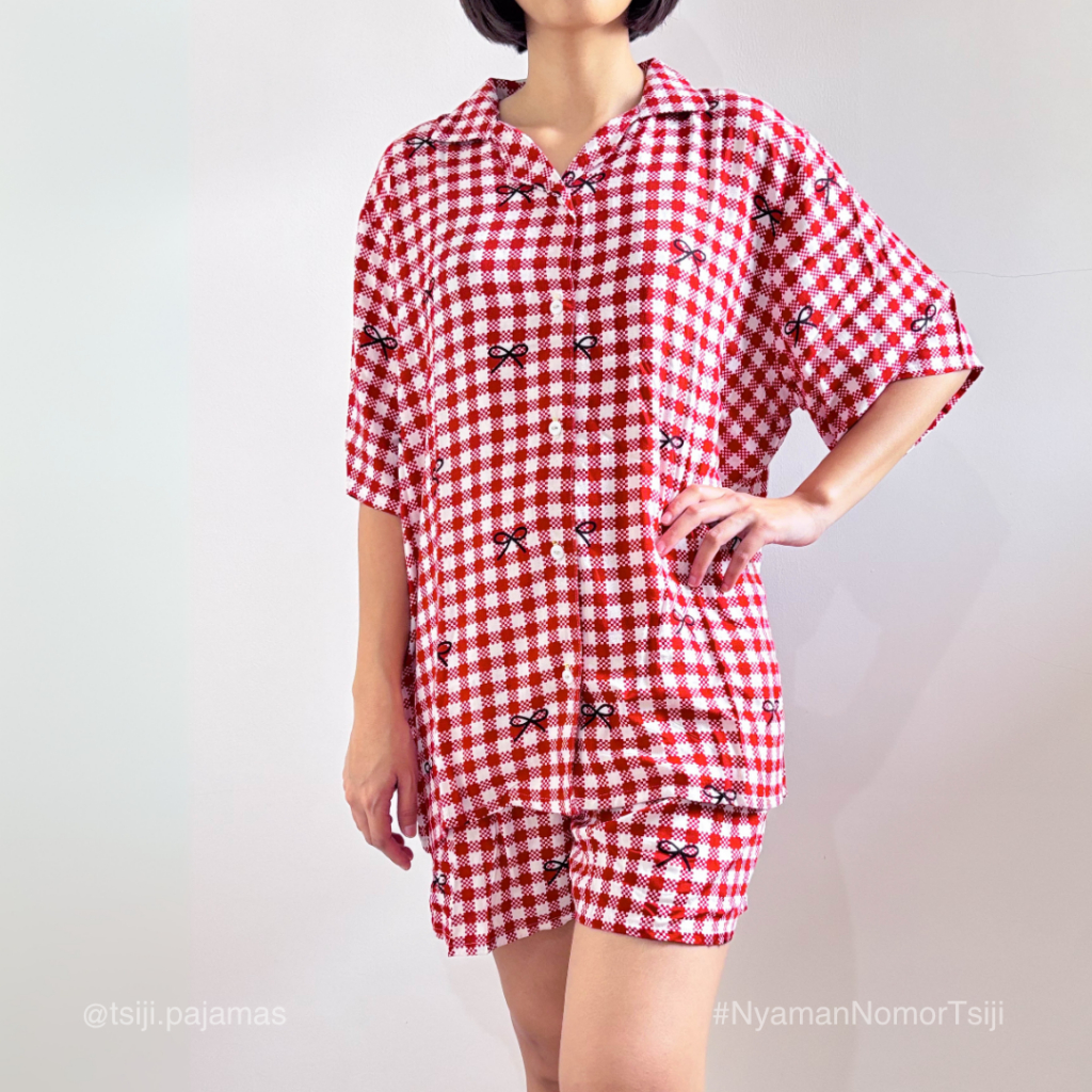 TSIJI Pajamas - Set Baju Tidur Wanita Dewasa Lengan Pendek | Bahan Rayon Premium Adem Motif Gingham