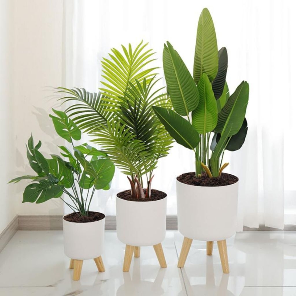 Beli Pot Bunga dengan Dudukan Kayu Rak Peraga Tanaman untuk Dekorasi Ruang Tamu Meja Dalam Ruangan P