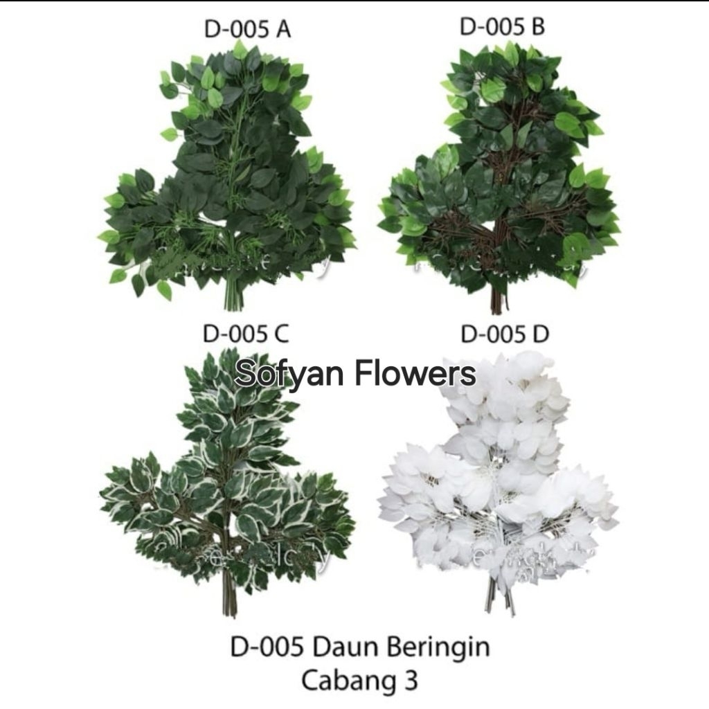 Daun Beringin Latex Cabang 3 Putih & Hijau Dekorasi Wedding Panjang 60cm Lebar 55cm Total 42 Daun