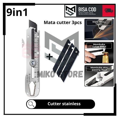 

Pisau Cutter Stainless Steel 9 in 1 Pemotong Cutter 9 in 1 Pembuka Tutup Botol Penggaris Kater Tajam