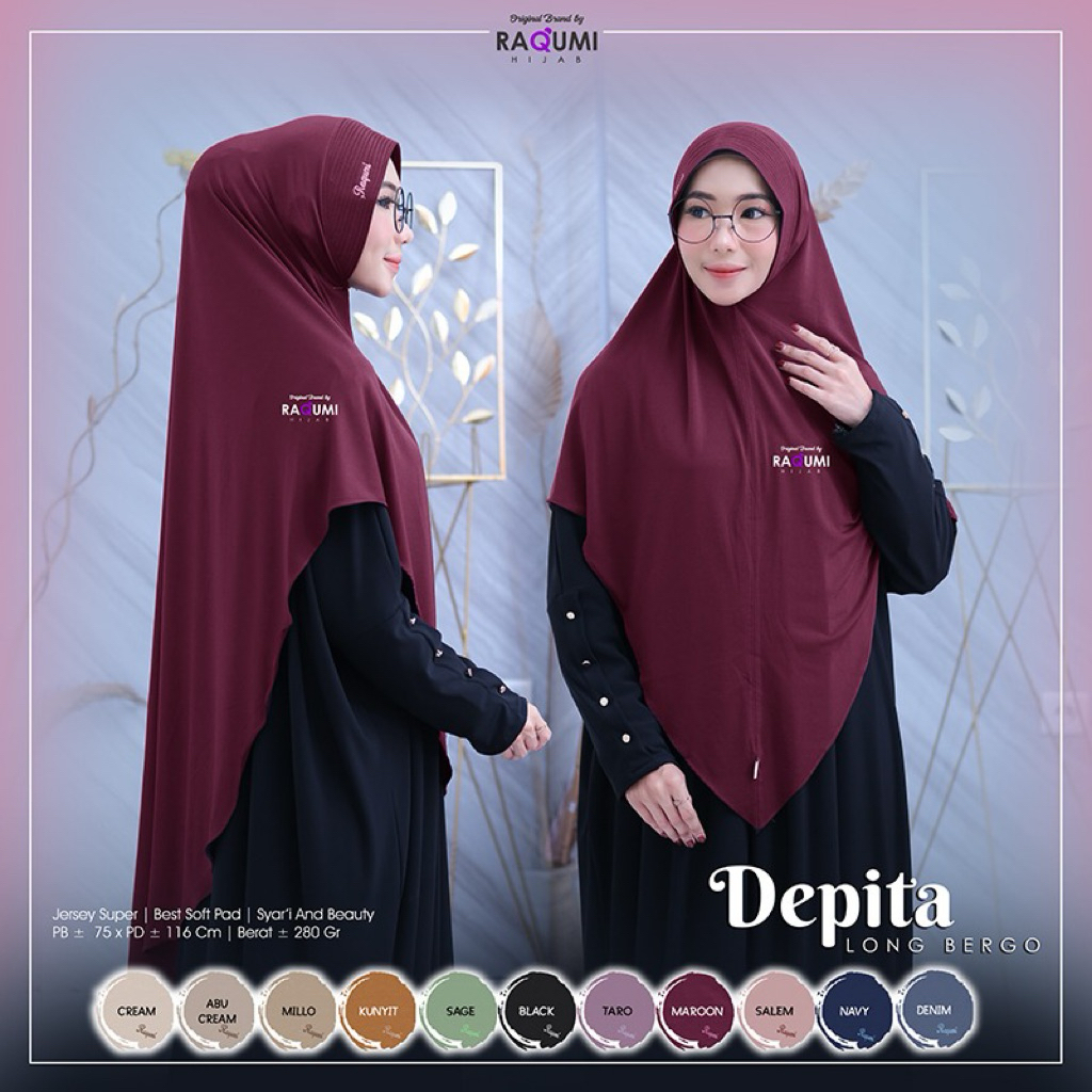 Hijab Bergo Depita Long Jumbo Syar'i Original RAQUMI HIJAB Bahan Jersey Super Premium Tebal Tidak Ne
