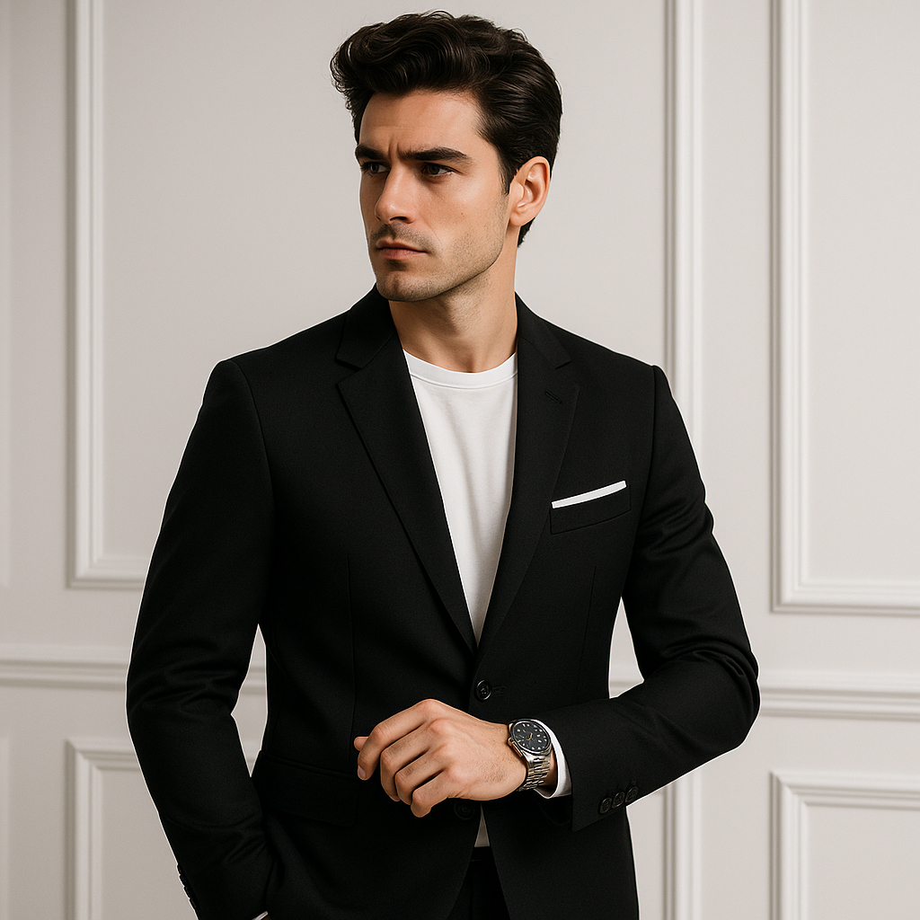 Jas Pria Slimfit Formal List Putih Semi Wool Hitam 2 Kancing Wedding Wisuda Premium