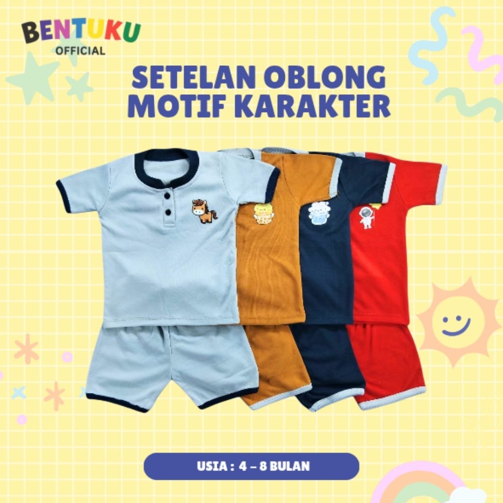 BAJU SETELAN ATAS BAWAH BAYI BABY ANAK OBLONG PRESS 4-8 BULAN BAHAN KATUN ADEM | MOTIF KARAKTER