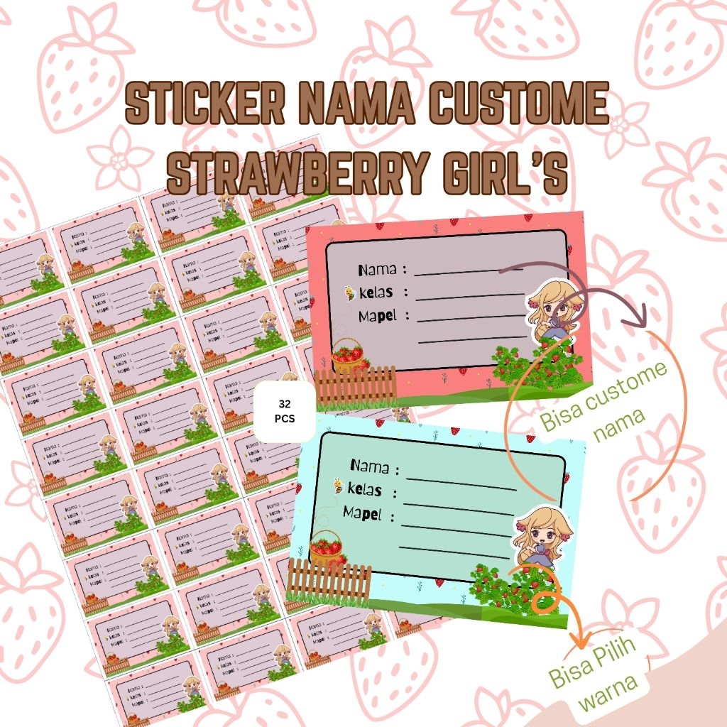 

STIKCKER MOTIF CEWEK STRAWBERRY/ STICKER NAMA / STIKER CUSTOME /STIKER / STIKER BUKU SEKOLAH
