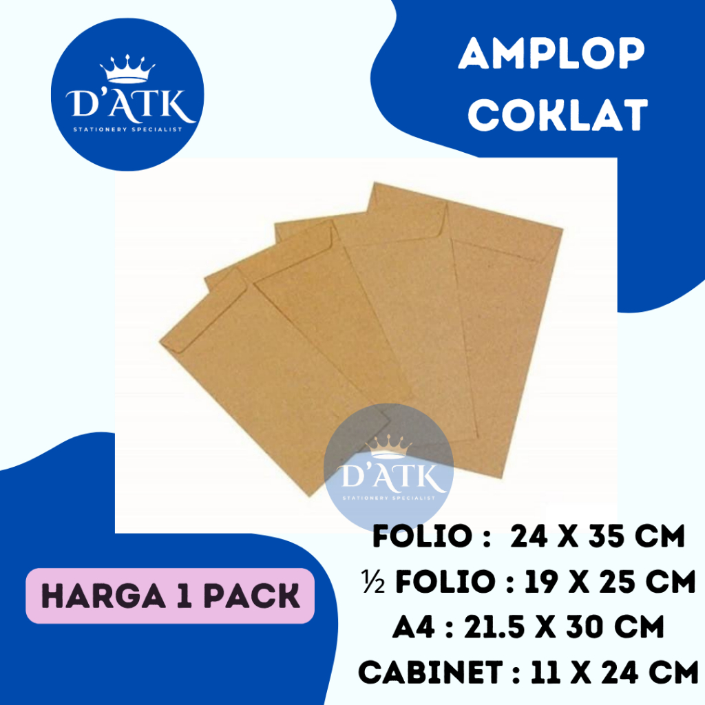 

Amplop Coklat Folio (F4), 1/2 Folio, A4, Kabinet (Cabinet) Harga untuk 1 pack