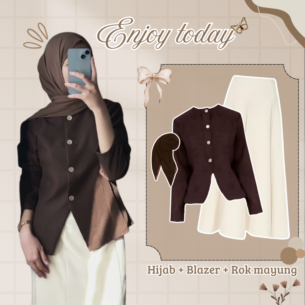 Set Hijab Wanita 3 in 1 Korean Fashion | Blazer Ailee Coklat Mahogany Premium + Rok Joda Ivory Scuba