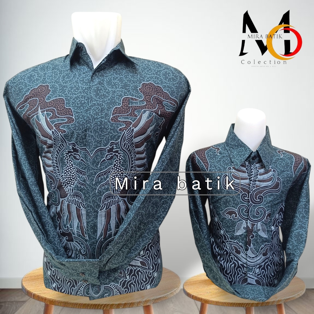 batik pasangan ayah anak warna hijau botol bahan katun premium new colection by mira batik