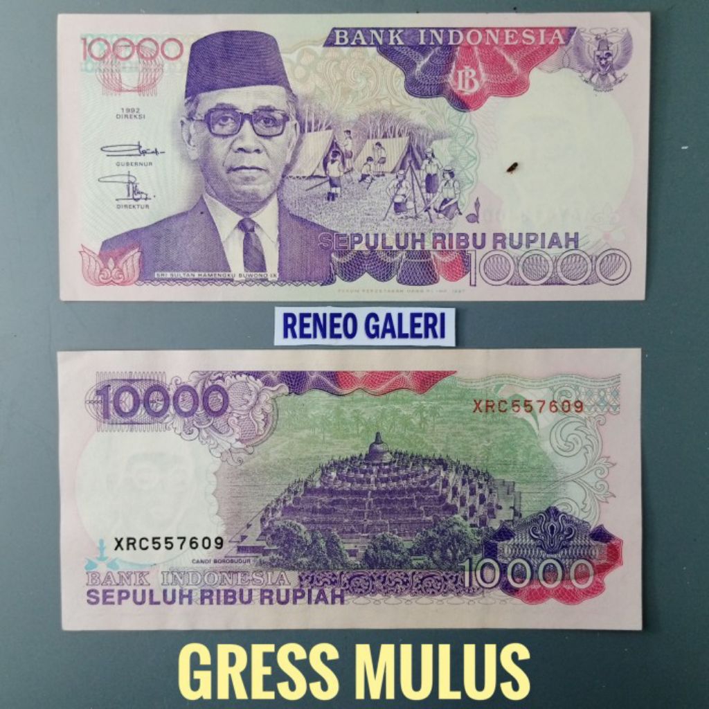 Mulus asli 10000 Rupiah Tahun 1992 Sri Sultan Hamengkubuwono Borobudur Rp 10.000 Uang kertas Kuno or