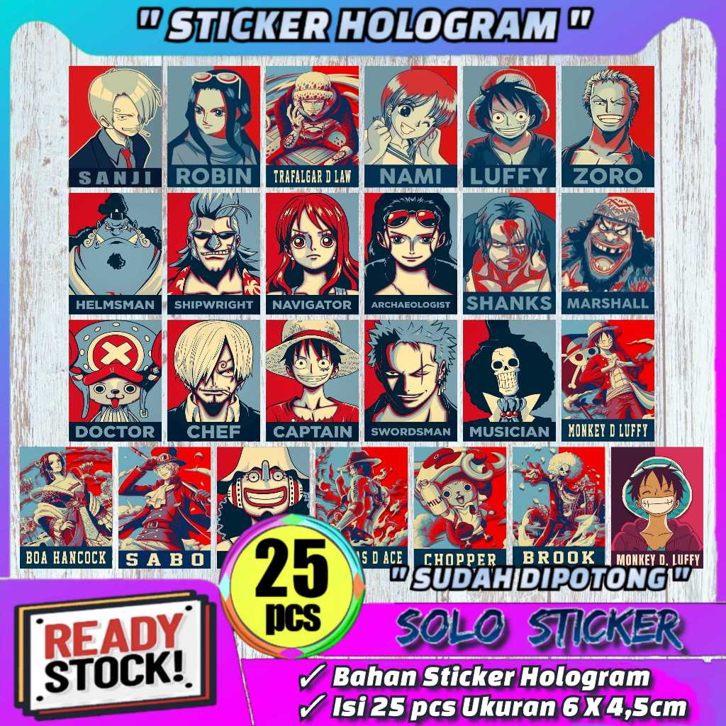 

Sticker Anime One Piece 25 pcs Bahan Hologram Anti Air Sudah Dipotong || STIKER AESTHETIC HP,LAPTOP