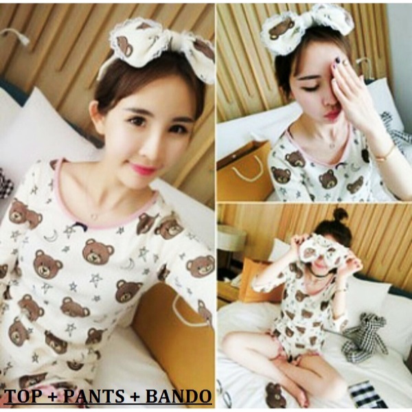 Baju tidur piyama kaos atasan celana pendek bando pita setelan wanita import korea